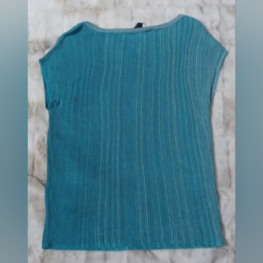WHBM Turquoise and silver metalic ribbed short sleeve top. - Picture 4 of 5